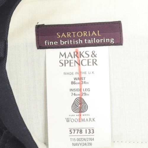 Marks and Spencer Mens Blue Checked Wool Dress Pants 34W 29L