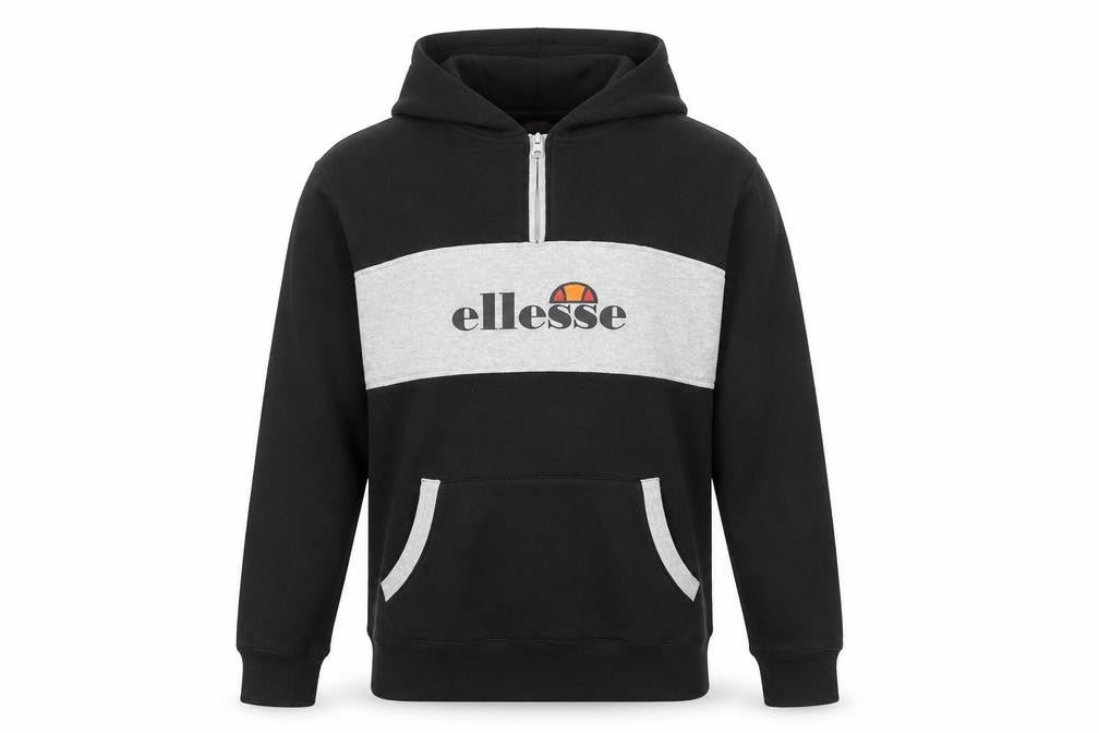Front view of Ellesse men’s black grey pullover hoodie m logo 1/2 zip sportswear