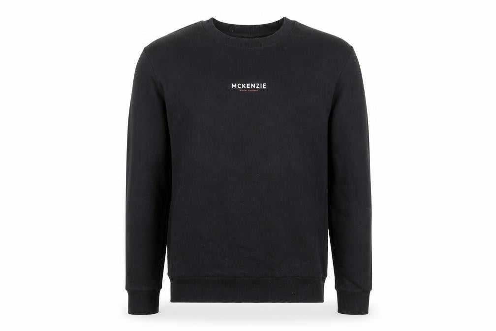 Front view of McKenzie Men’s Black Crew Neck Sweatshirt, size M, Pullover Logo