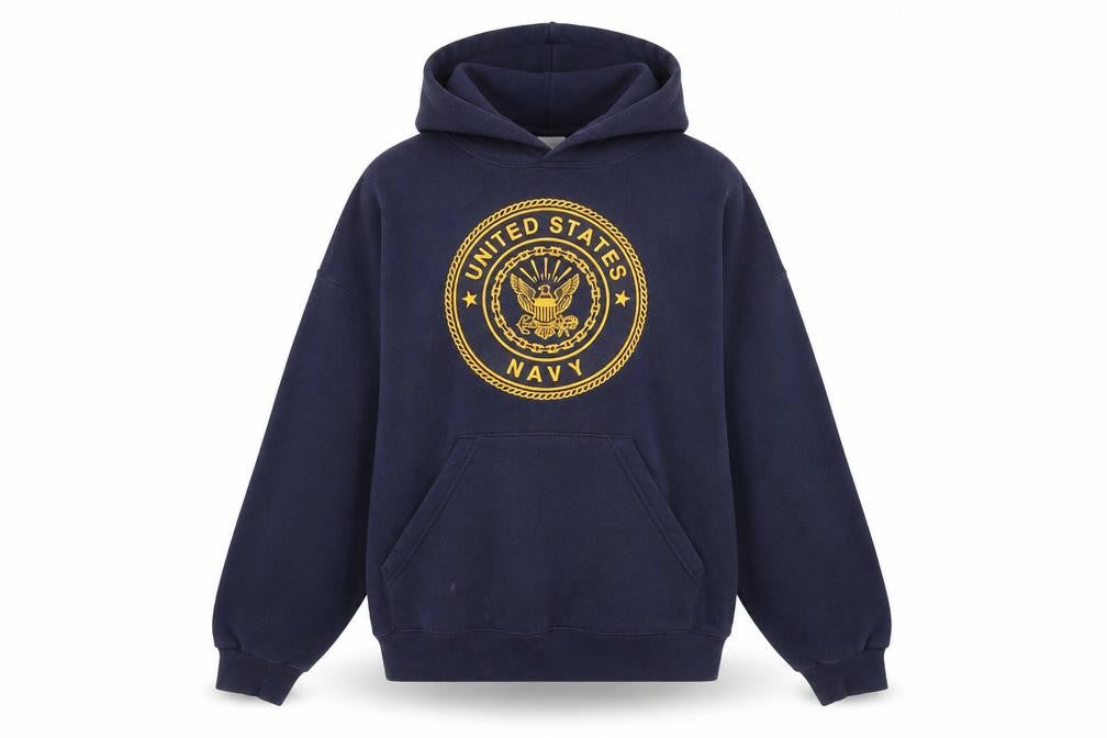 Front view of Soffe unisex adults navy blue pullover hoodie small us navy logo