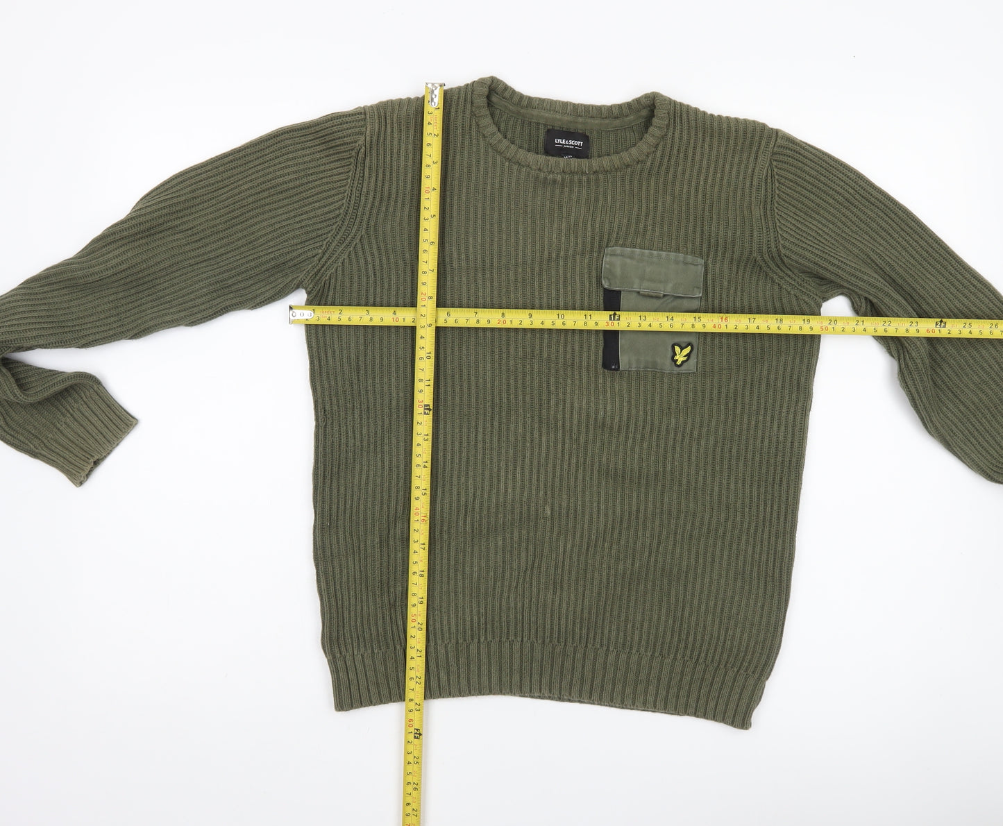 Lyle & Scott Boys Green Knit Cotton Jumper 14-15 Years Crew Neck Pullover