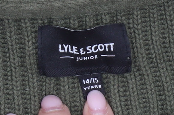 Lyle & Scott Boys Green Knit Cotton Jumper 14-15 Years Crew Neck Pullover