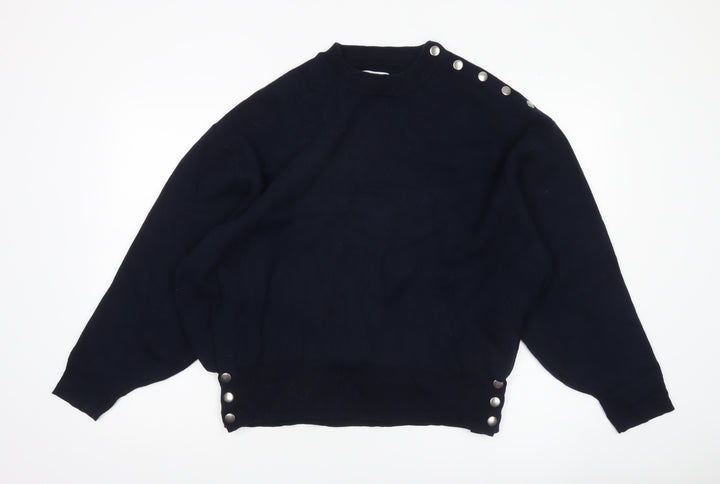 Pull&Bear Womens Black Size 8 Crew Neck Button Pullover Jumper