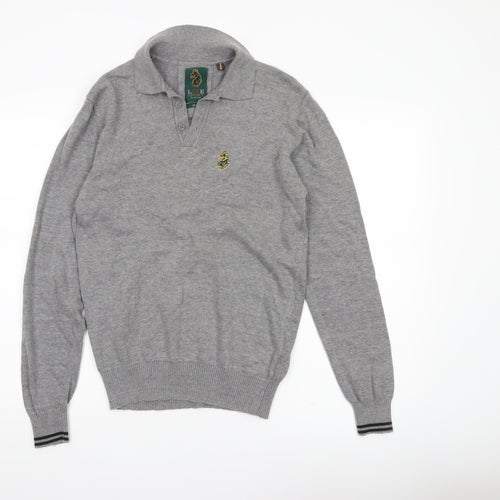 Luke Sport Men’s Grey Cotton Henley Jumper Medium Collared Logo