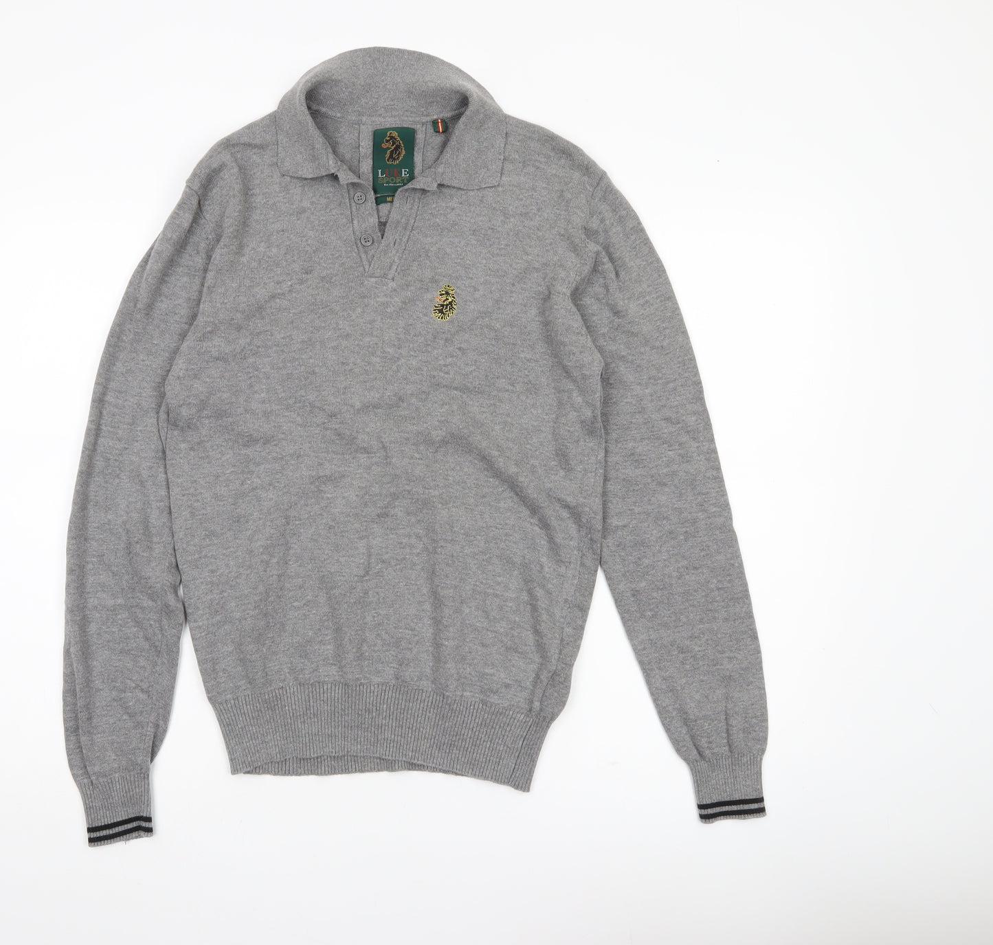 Luke Sport Men’s Grey Cotton Henley Jumper Medium Collared Logo