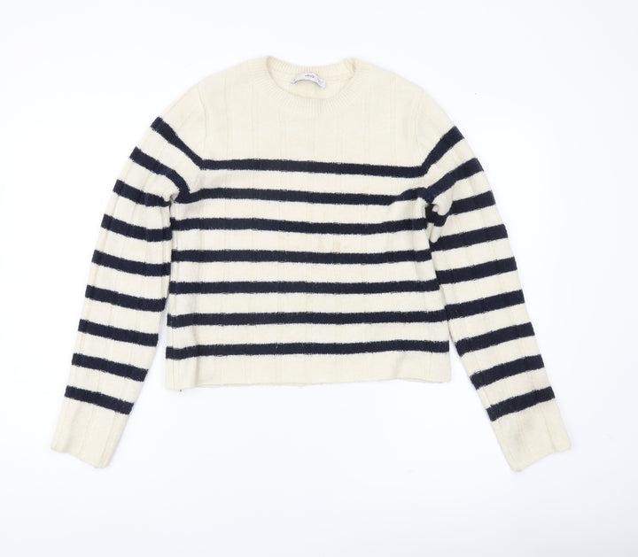 MNG Womens Ivory Black Striped Knit Jumper Medium Regular Fit