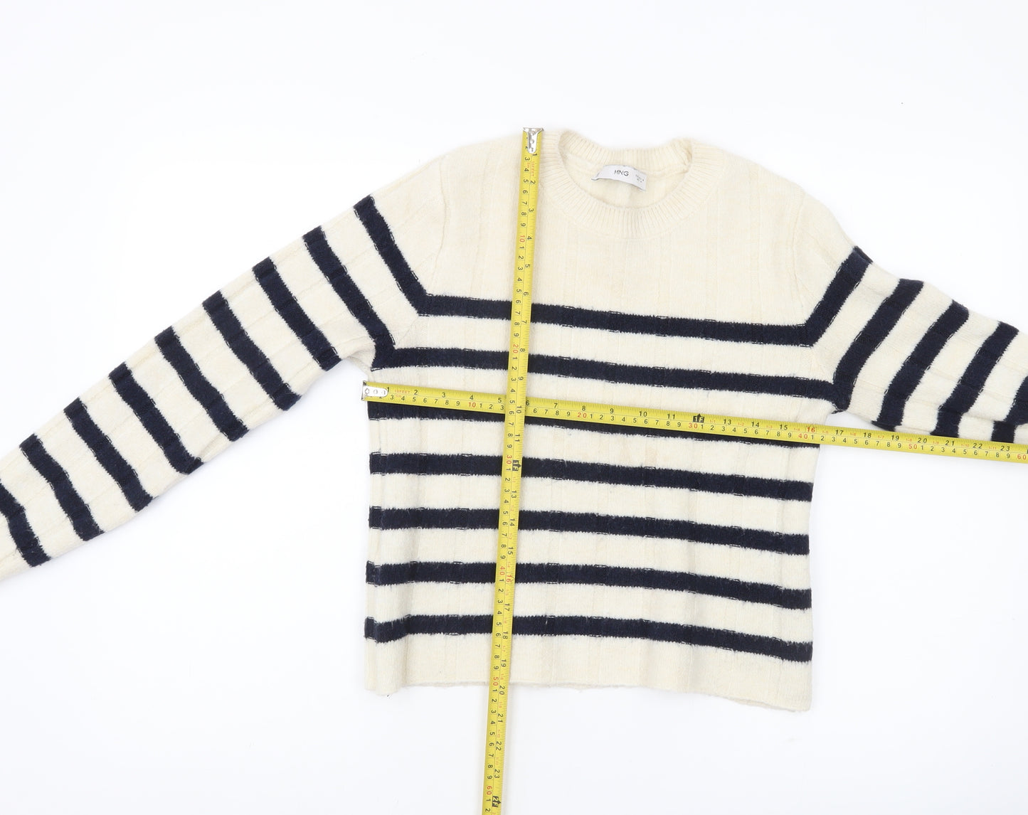 MNG Womens Ivory Black Striped Knit Jumper Medium Regular Fit
