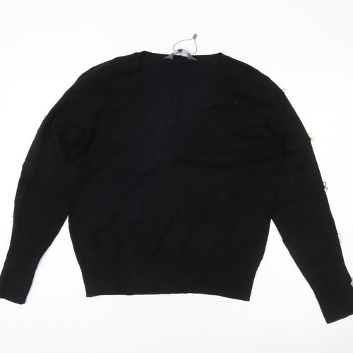 Sosandar Womens Black V-Neck Pullover Jumper Size 14 Long Sleeve Knit