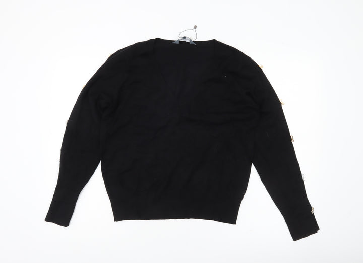 Sosandar Womens Black V-Neck Pullover Jumper Size 14 Long Sleeve Knit