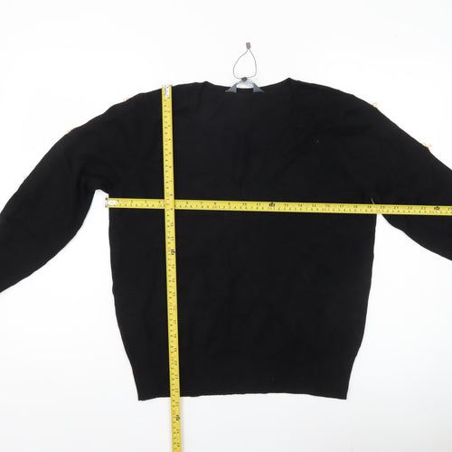 Sosandar Womens Black V-Neck Pullover Jumper Size 14 Long Sleeve Knit