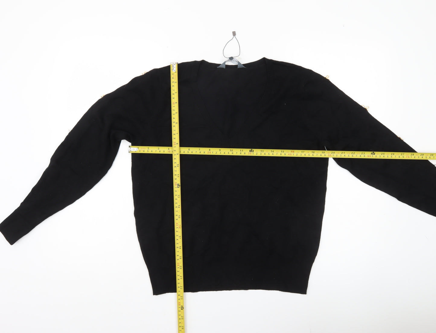 Sosandar Womens Black V-Neck Pullover Jumper Size 14 Long Sleeve Knit