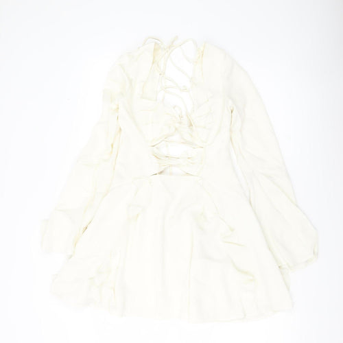 Oh Polly Women’s Ivory Mini Dress UK 10 Lace Up Long Sleeve Ruffle