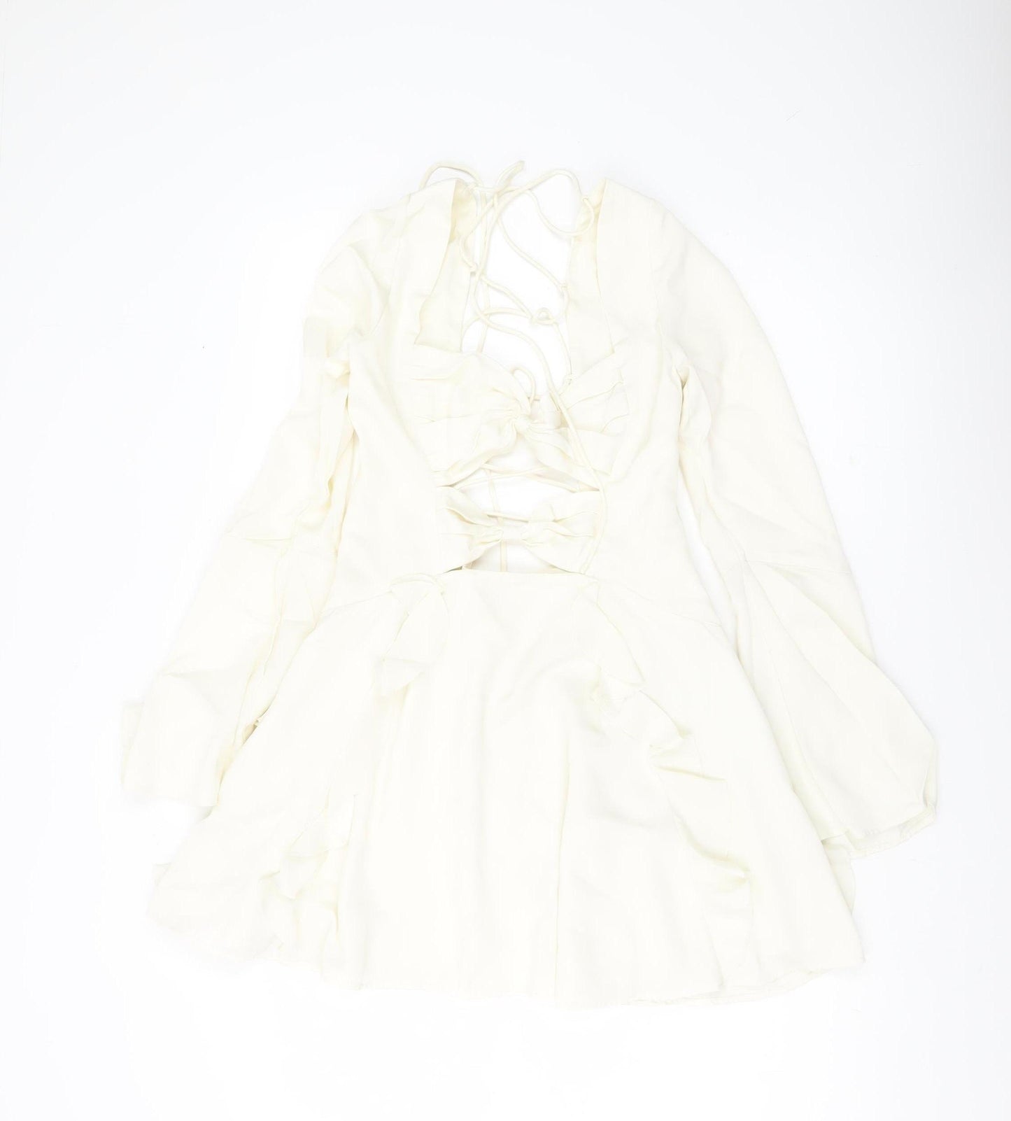 Oh Polly Women’s Ivory Mini Dress UK 10 Lace Up Long Sleeve Ruffle