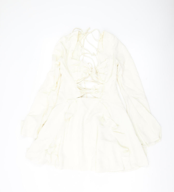 Oh Polly Women’s Ivory Mini Dress UK 10 Lace Up Long Sleeve Ruffle