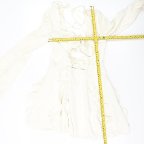 Oh Polly Women’s Ivory Mini Dress UK 10 Lace Up Long Sleeve Ruffle