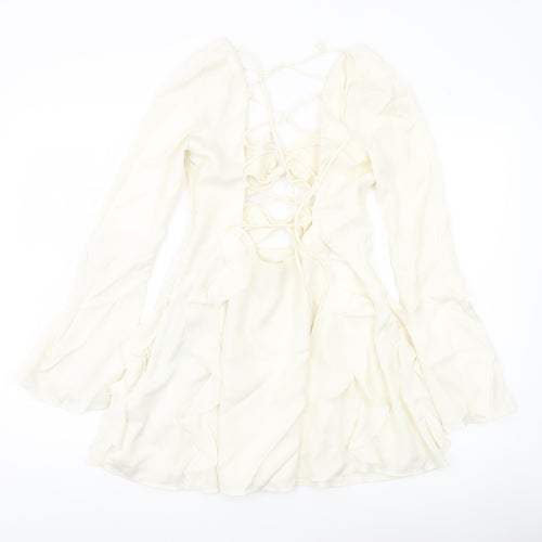 Oh Polly Women’s Ivory Mini Dress UK 10 Lace Up Long Sleeve Ruffle