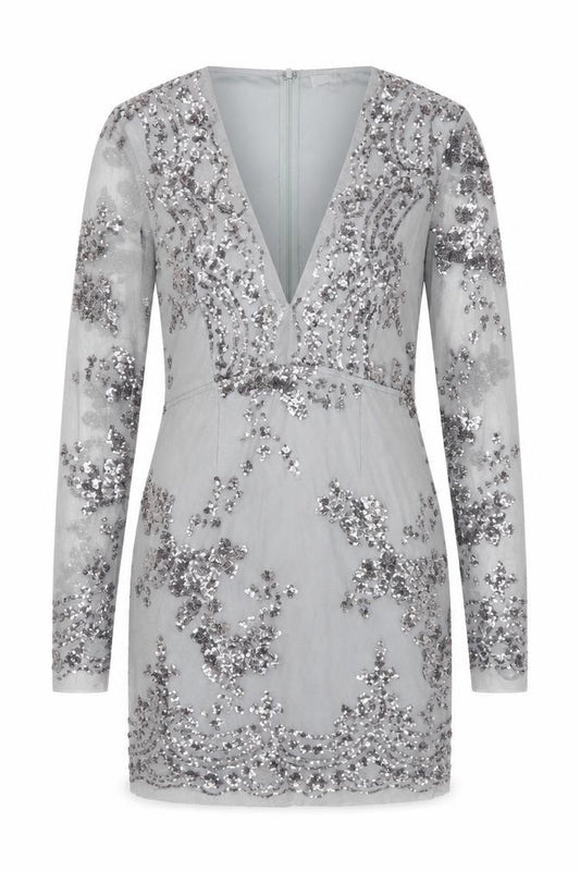 Front view of Missguided Women's Grey Sequin Bodycon Party Dress UK 12 Long Sleeve V-Neck