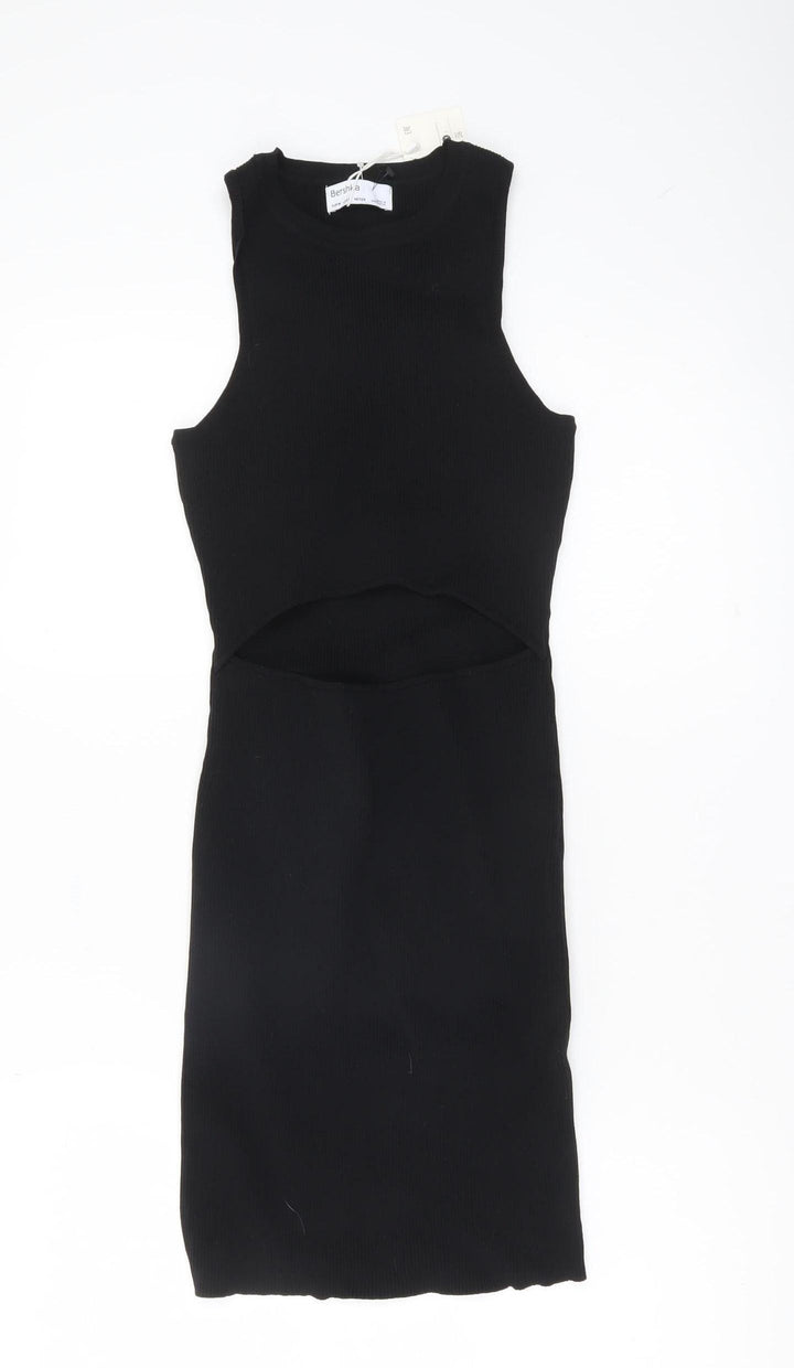 Bershka Womens Black Sleeveless Bodycon Cut Out Knit Dress M