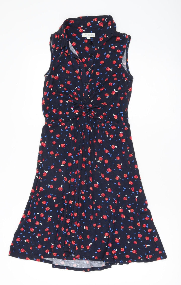 Monsoon Women’s Blue Floral Collared Shirt Dress S Sleeveless