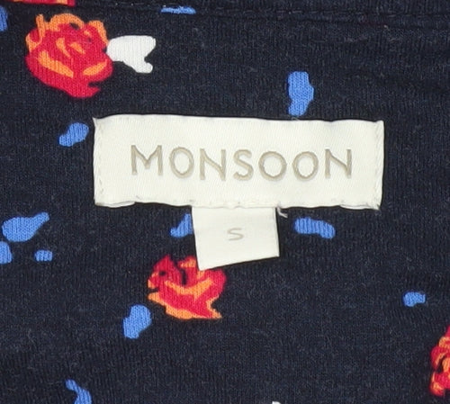 Monsoon Women’s Blue Floral Collared Shirt Dress S Sleeveless