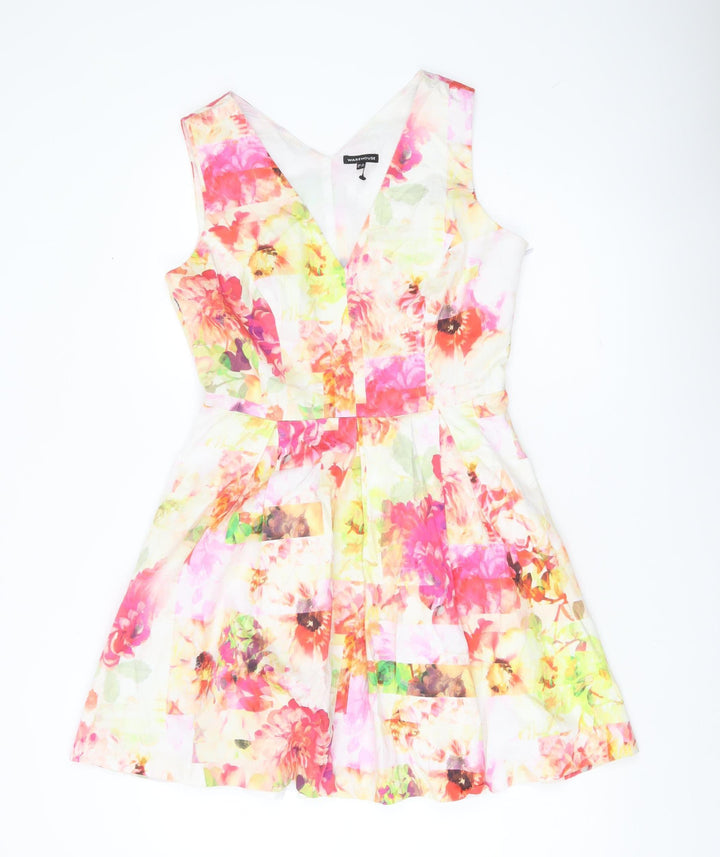 Warehouse Womens Multicoloured Floral Fit & Flare V-Neck Sleeveless Dress Size 12