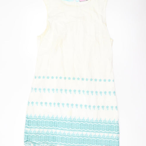 Superdry Women White Shift Dress L Embroidered Floral Boho Knee Length