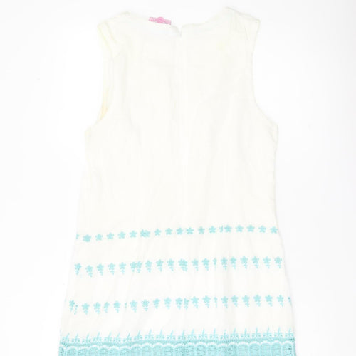 Superdry Women White Shift Dress L Embroidered Floral Boho Knee Length