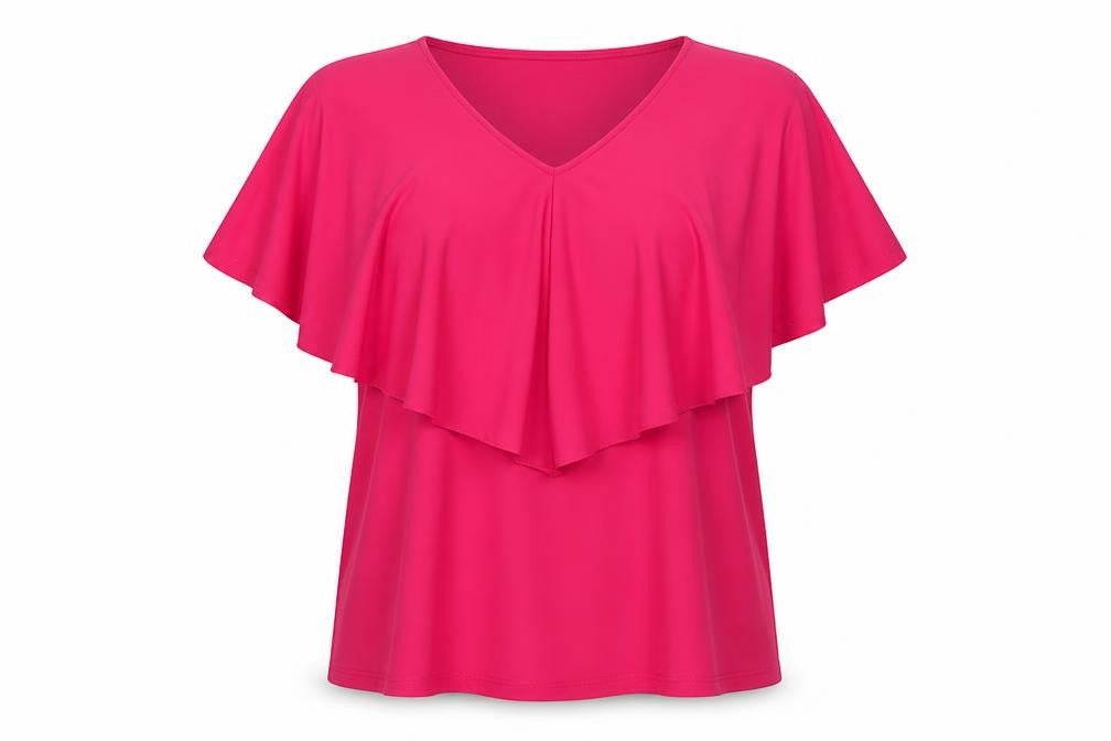 Front view of Together Women’s Pink Ruffle V-Neck Tunic Blouse, size S
