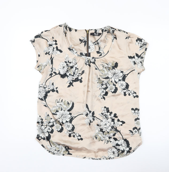 k&d London Womens Beige Floral Blouse UK 12 Short Sleeve Tunic