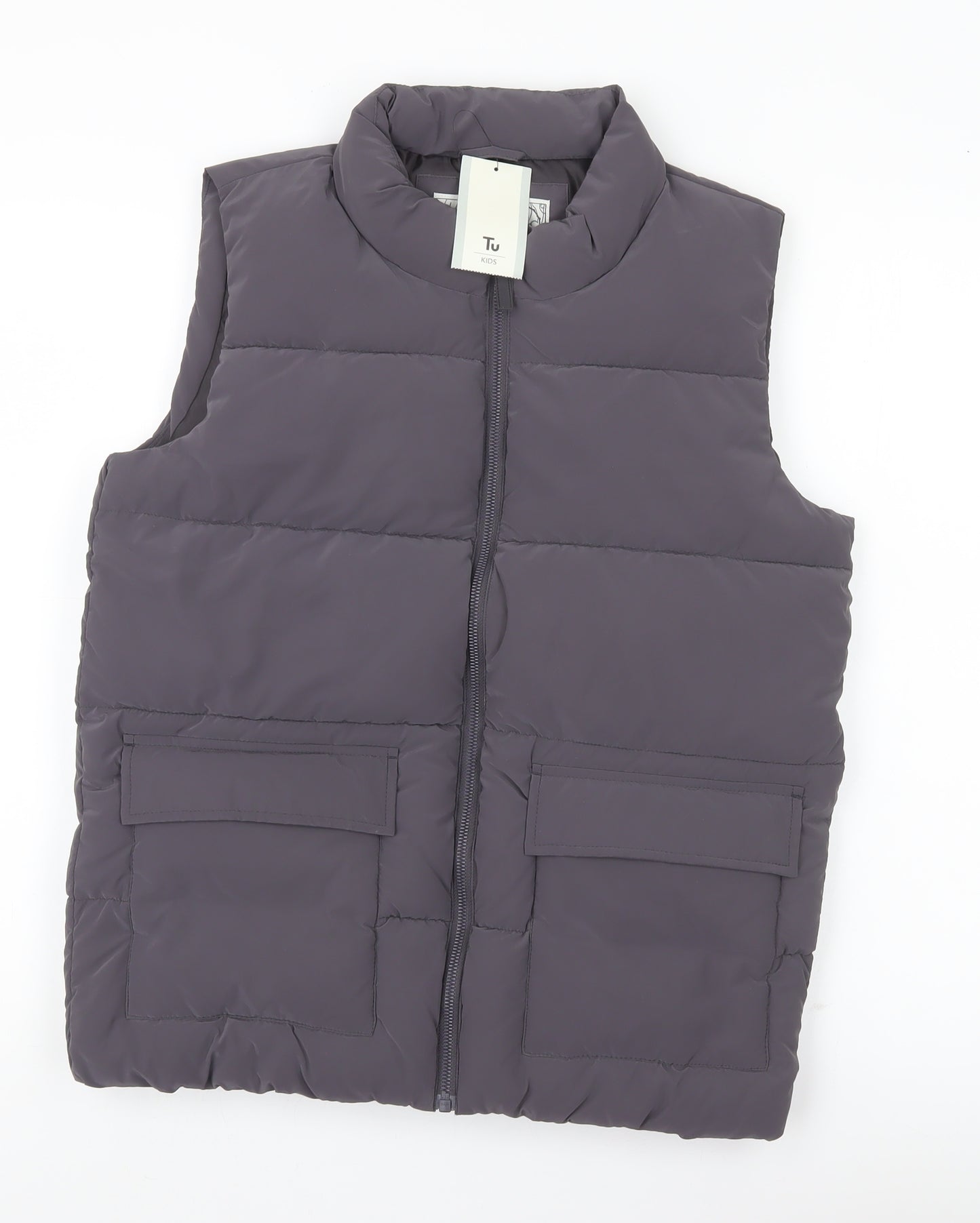 Tu Girls Grey Puffer Bodywarmer 13-14Y Regular Fit Quilted Zip Waistcoat