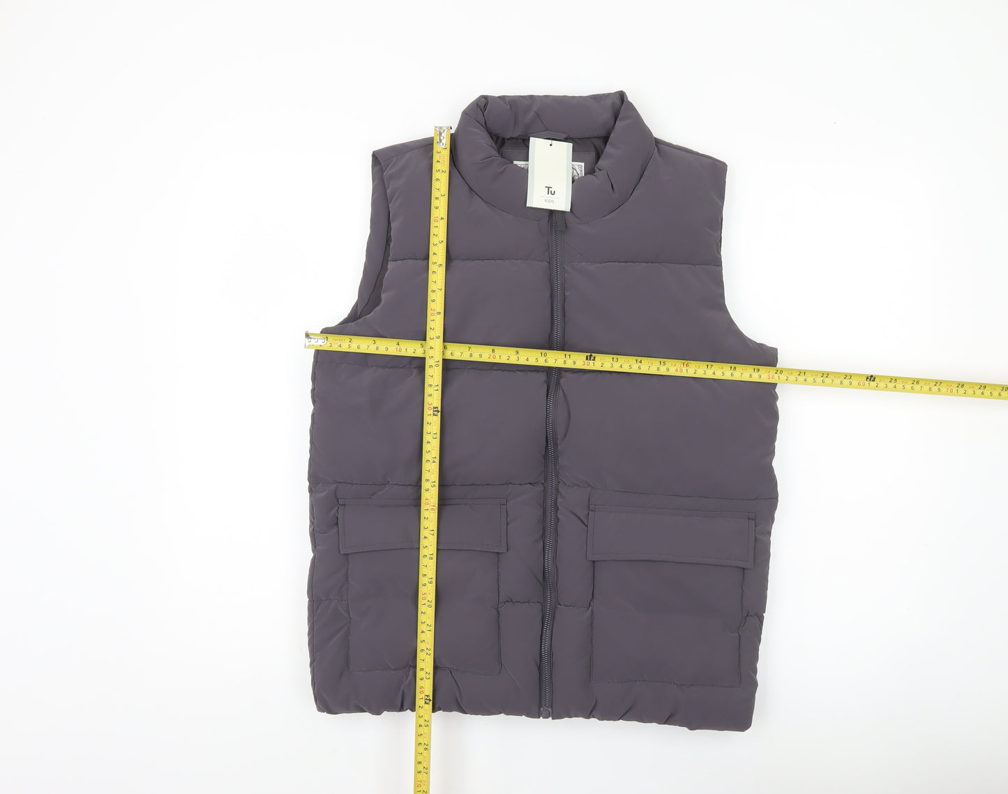 Tu Girls Grey Puffer Bodywarmer 13-14Y Regular Fit Quilted Zip Waistcoat