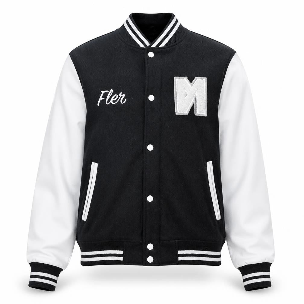 Front view of The First Real Brand Varsity Jacket unisex black white xl wool leather