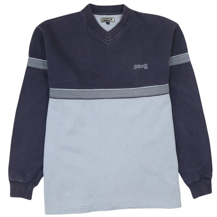 Schott NYC Mens Small Blue Pullover Sweatshirt V-Neck Logo Cotton