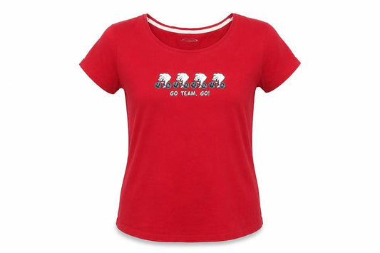 Front view of Mountain Life women’s red, size UK 12, scoop neck sheep print t-shirt