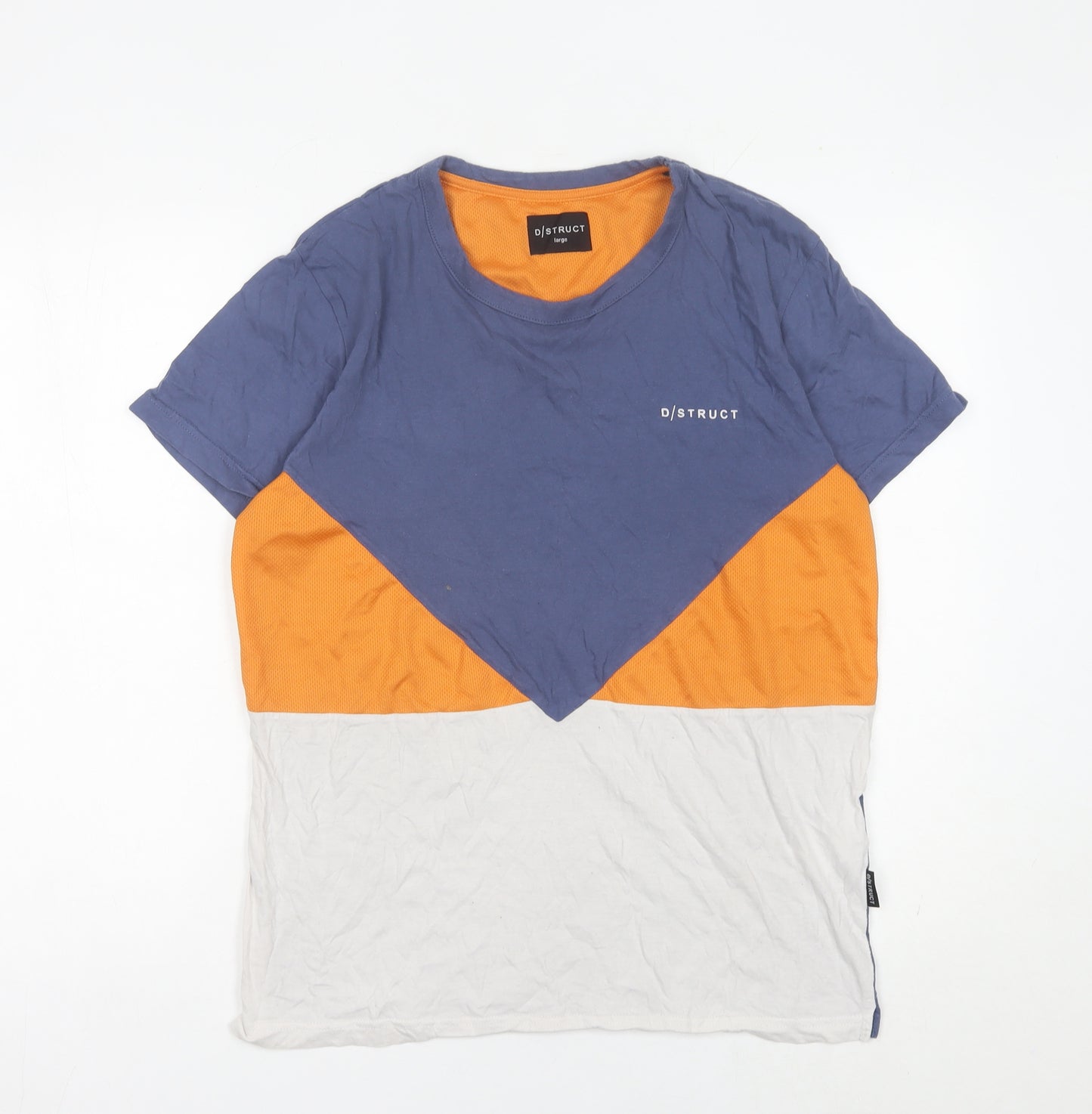 D/Struct Men Blue Orange White Colourblock Crew Neck T-Shirt Size L