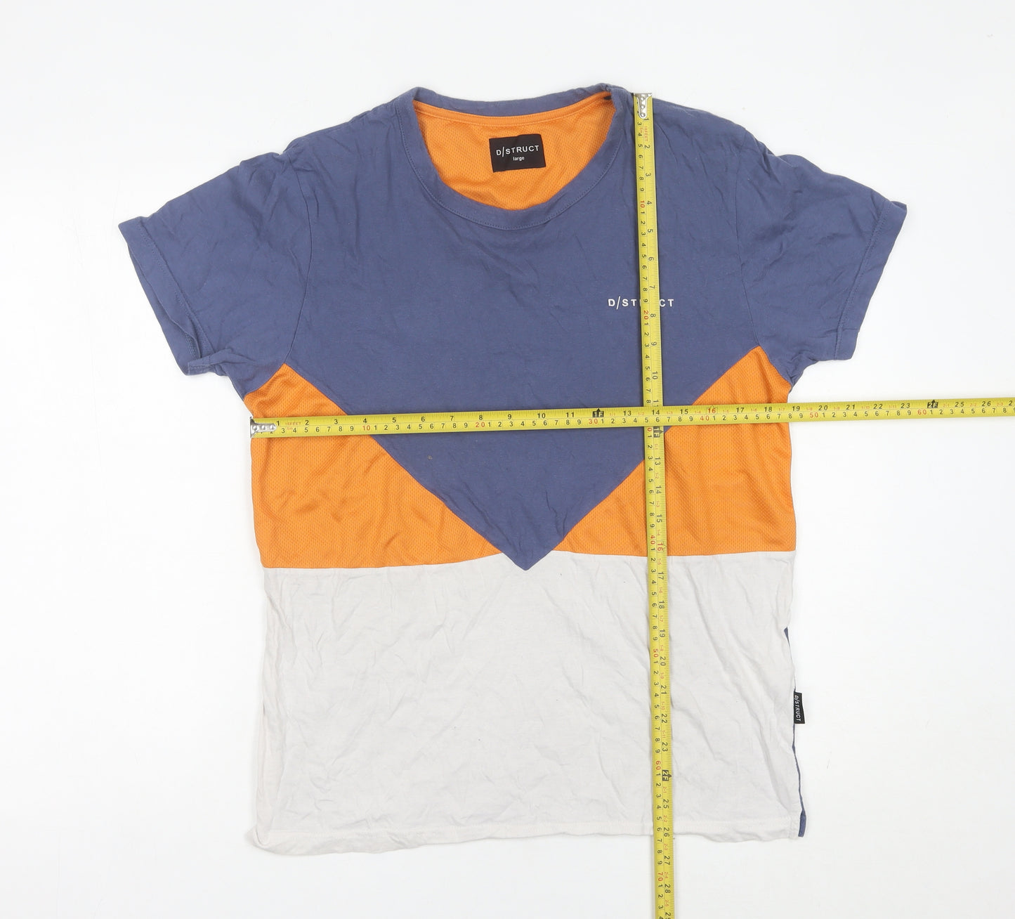 D/Struct Men Blue Orange White Colourblock Crew Neck T-Shirt Size L