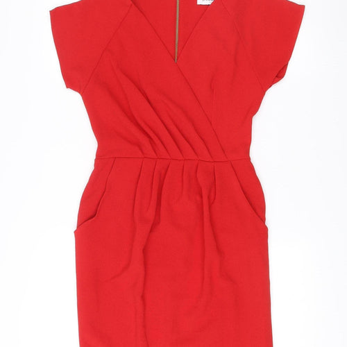 Closet London Women Red Bodycon Dress Size 8 V-Neck Ruched Zip