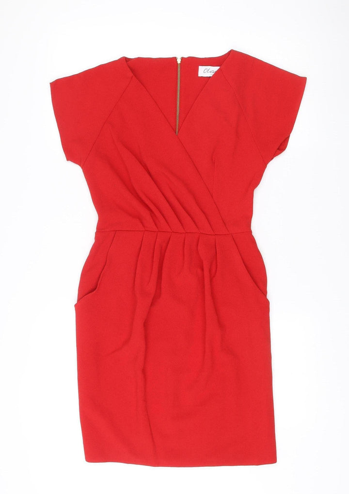 Closet London Women Red Bodycon Dress Size 8 V-Neck Ruched Zip