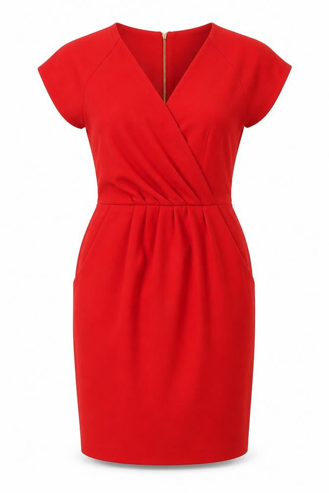 Closet London Women Red Bodycon Dress Size 8 V-Neck Ruched Zip