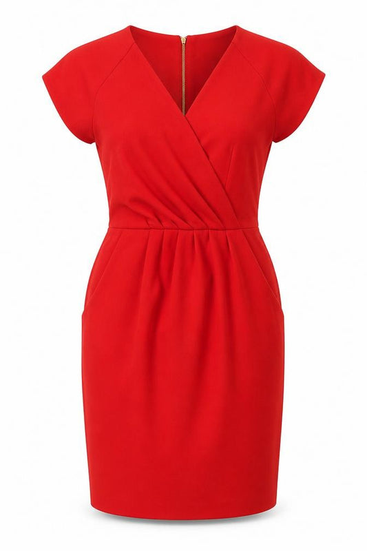 Front view of Closet London Women Red Bodycon Dress, size 8, V-Neck Ruched Zip