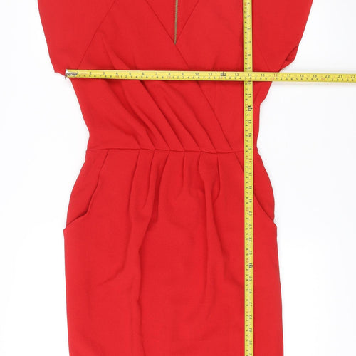 Closet London Women Red Bodycon Dress Size 8 V-Neck Ruched Zip