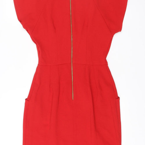 Closet London Women Red Bodycon Dress Size 8 V-Neck Ruched Zip