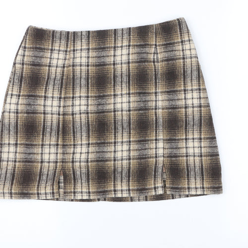 Cider Women Brown Plaid Tweed Mini Skirt Size S Straight Lined