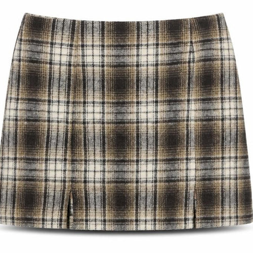 Cider Women Brown Plaid Tweed Mini Skirt Size S Straight Lined