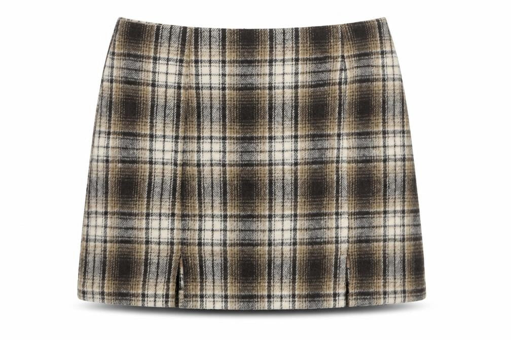 Cider Women Brown Plaid Tweed Mini Skirt Size S Straight Lined