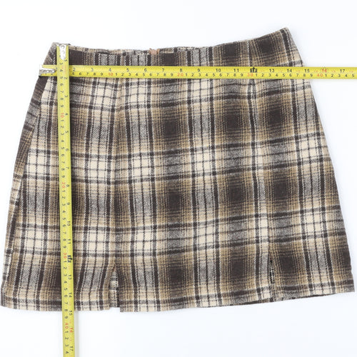 Cider Women Brown Plaid Tweed Mini Skirt Size S Straight Lined