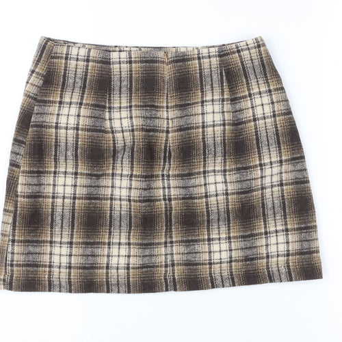 Cider Women Brown Plaid Tweed Mini Skirt Size S Straight Lined