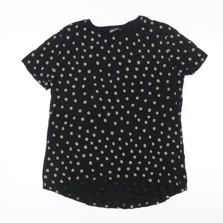 Zara Women Black Polka Dot Cotton T-Shirt Medium Short Sleeve