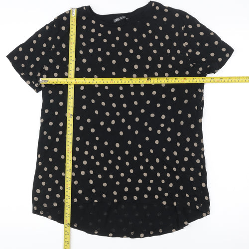Zara Women Black Polka Dot Cotton T-Shirt Medium Short Sleeve