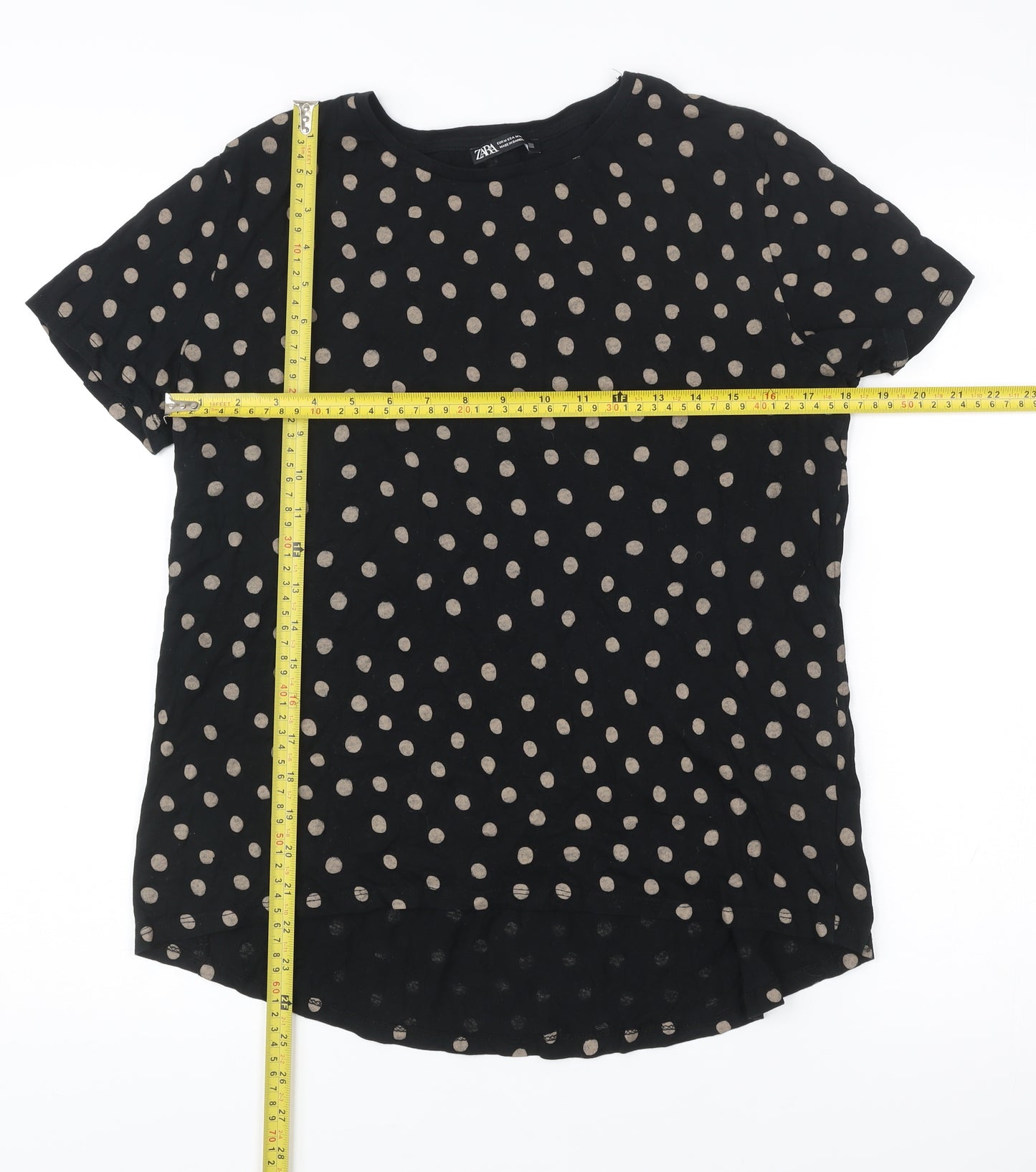 Zara Women Black Polka Dot Cotton T-Shirt Medium Short Sleeve